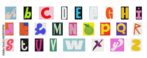 Modern typography alphabet set, creative collage letters PNG transparent