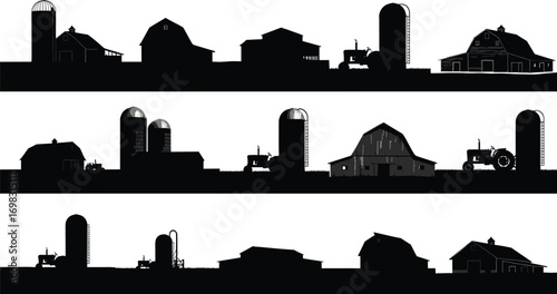 Farm silhouette landscape with barns, silos, tractors, agricultural buildings, rural farming scene, farm equipment, countryside silhouette, farming industry, rural architecture.