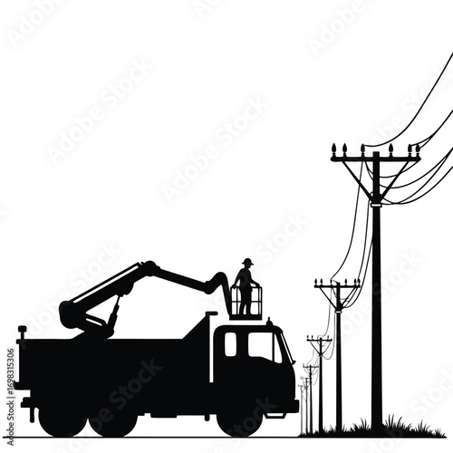 Electrician in boom lift working on utility poles and wires