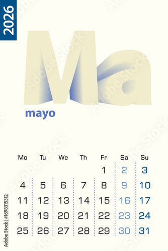 Minimalist calendar template for May 2026, vector calendar in Spanish language.