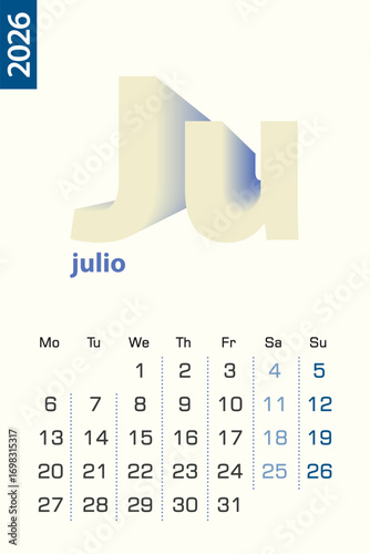 Minimalist calendar template for July 2026, vector calendar in Spanish language.
