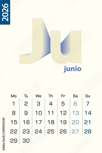 Minimalist calendar template for June 2026, vector calendar in Spanish language.