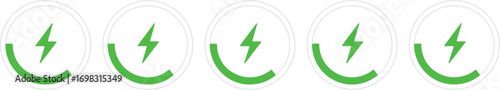 Battery charging progress symbols, green electricity energy indicators, circular power levels, mobile UI vector design, eco friendly technology icon set