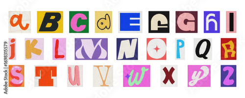 Retro style alphabet collage, colorful cut-out letters PNG transparent