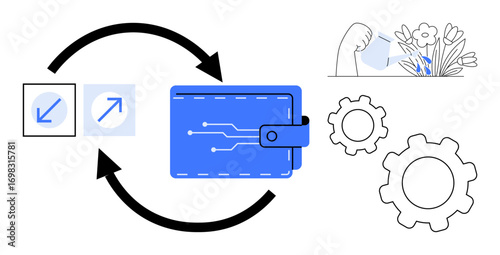Digital wallet with circuit design, growth symbol, circular arrows, and gear icons for workflow, automation, finance, investment, technology business fintech. Ideal for fintech visuals simple