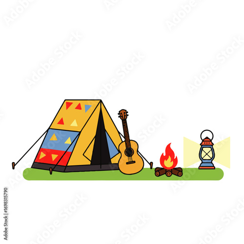 Camping scene featuring a yellow tent decorated with colorful triangles, a guitar, a campfire, and a glowing lantern on green grass.