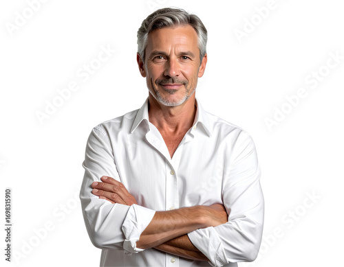 Mature man standing with arms folded, isolated on a transparent background, PNG