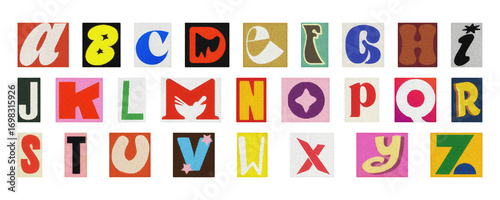 Retro style alphabet collage, colorful cut-out letters PNG transparent