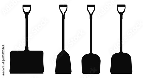 Collection of four black shovels of different designs isolated on for outdoor work vector