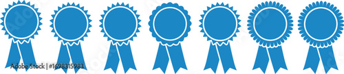 Award ribbon badge set, blue rosette medals, certificate recognition symbol, achievement honor label, competition prize vector, winning reward decoration