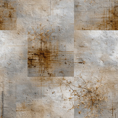 Background features a seamless repeating pattern with aged textures, vintage designs, and delicate botanical motifs in soft sepia hues SEAMLESS PATTERN