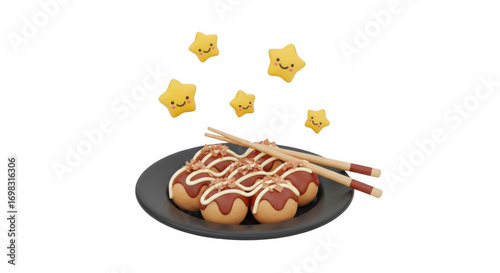 Delicious Takoyaki Balls on a Plate with Chopsticks.