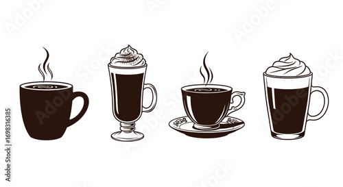Collection of hot coffee drinks steaming in clear glass and ceramic mugs vector