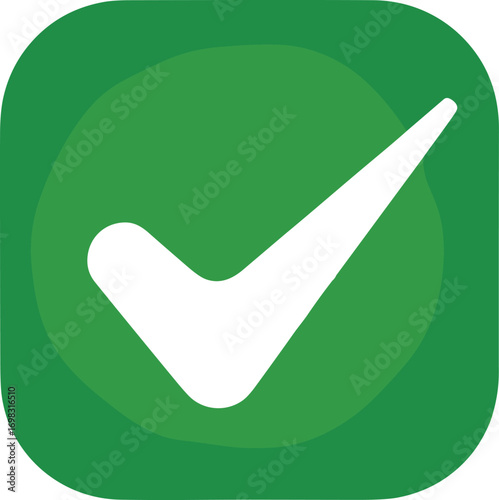 Green check mark icon, tick symbol for approval, confirmation success button, correct choice vector, validation sign, accepted approval mark
