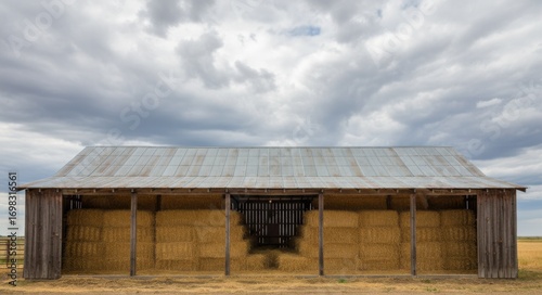 Wallpaper Mural Medium shot of a rustic barn designed to shelter stacked hay showcasing weatherproof roofing and wooden walls against a cloudy sky. Torontodigital.ca