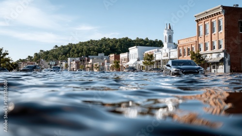 Fototapeta Naklejka Na Ścianę i Meble -  Rising water engulfs a small mountain town, with streets and buildings underwater and cars bobbing on the flood's surface under a clear sky