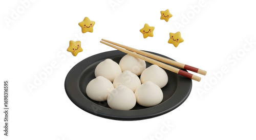 Plate of white mochi with chopsticks and star sprinkles.