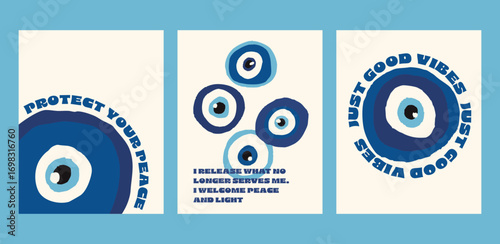 Evil eye poster set for home decor. Modern spiritual wall art with bohemian style, positive quotes, and hand-drawn amulet symbols for protection and good vibes talismans and positive affirmations