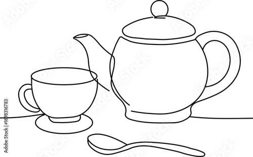 Tea cup- saucer, tea pot, and spoon, continuous line art, vector art