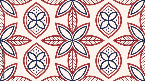 Seamless geometric pattern in a classic Indonesian Batik style with a red, white, and blue color palette