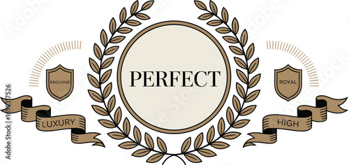 Luxury emblem badge, royal wreath design, exclusive label logo, high quality symbol, elegant decorative crest, vintage award frame, premium branding