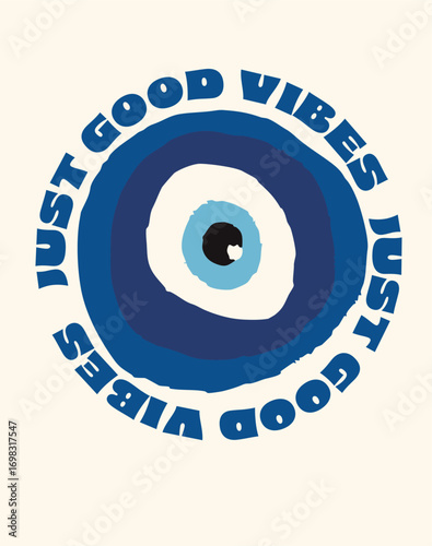 Evil eye poster for home decor. Modern spiritual wall art with bohemian style, positive quotes, and hand-drawn amulet symbols for protection and good vibes talismans and positive affirmations