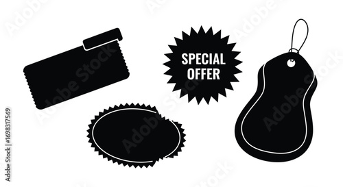 Four black textured sale tags and starburst special offer announcement graphic elements vector
