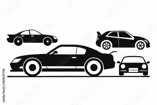 Collection of black silhouettes various car models sports sedan hatchback