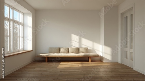 A minimalist room with clean lines and neutral tones features a simple wooden bench with a tan cushion on a wooden floor