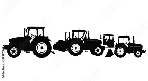 Row of silhouette tractors agricultural machinery farming vehicles collection vector