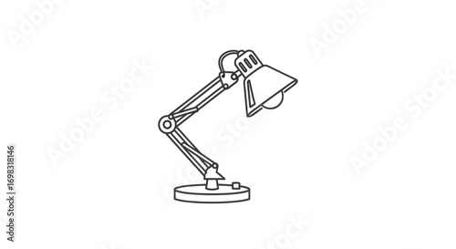 Simple line art icon of an adjustable articulated desk lamp.
