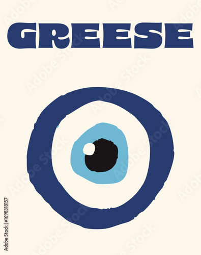 Mykonos and Santorini travel poster set. Greek islands souvenir wall art with abstract evil eye talismans and modern typography. Aegean aesthetic vector illustration protection and good vibes talisman