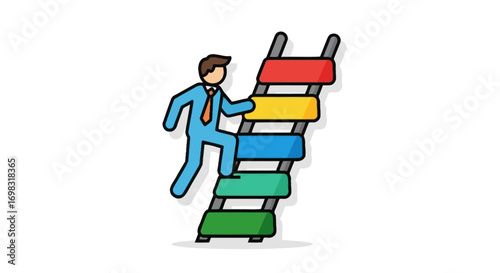 Cartoon businessman climbing a colorful ladder, symbolizing career progress and success.