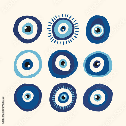 Set of hand drawn blue evil eye symbols. Protection amulet and spiritual concept. Flat vector illustration. Amulet symbols in Turkish, Greek, and Middle Eastern style talismans for protection 
