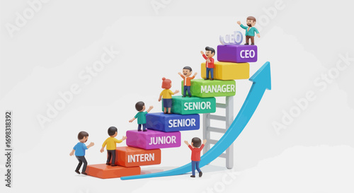 Colorful Career Ladder with Diverse Employees Climbing Upward.