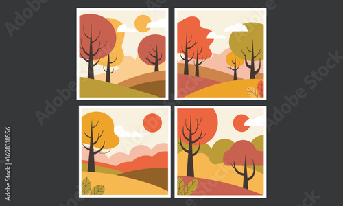 Abstract autumn landscape vector set, colorful fall season illustration with trees, hills, sun, and leaves for seasonal background design