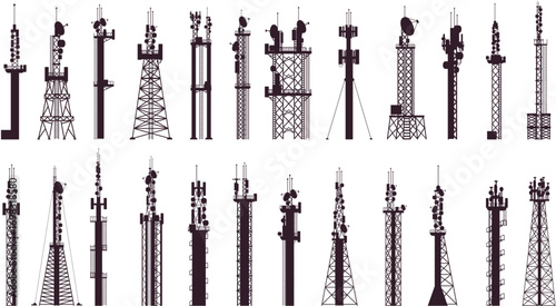 Telecommunication Tower Silhouette Set Signal Antenna Vector Collection