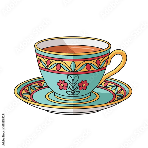 Teacup with floral pattern sits on matching saucer, filled with steaming tea, creating a cozy and inviting atmosphere for a relaxing afternoon break.