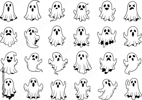 Cute ghost cartoon collection, Halloween spooky spirits, ghost emoji icons, playful scary ghosts, ghost illustrations set, haunted cartoon characters