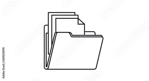 Simple black outline icon of an open file folder containing several paper documents.
