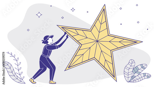 Person is lifting large star against whimsical background filled with stars and foliage, conveying sense of achievement and wonder