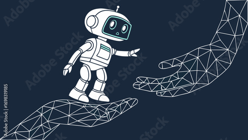Abstract digital AI robot standing on human hand, symbolizing connection and collaboration between technology and humanity