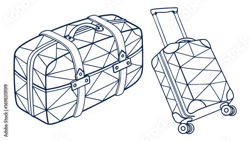 Hand drawn luggage design featuring duffel bag and wheeled suitcase, perfect for travel enthusiasts