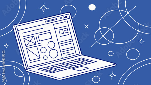 Laptop with blue abstract mesh background featuring circles and stars creates modern and creative atmosphere