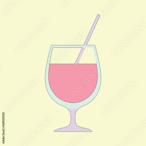 Refreshing pink cocktail sits in a stemmed glass with a straw on a pale yellow surface, evoking a sense of relaxation and summer vibes.