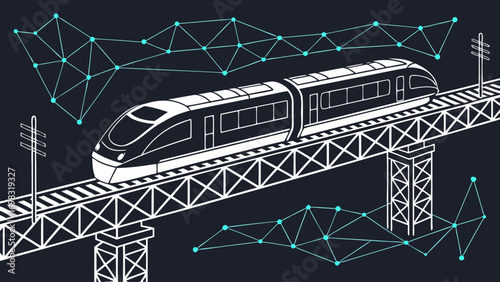 Low poly illustration of high speed train moving on bridge, surrounded by geometric patterns, conveying sense of modernity and speed