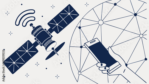 Satellite technology connects devices, showcasing hand holding smartphone with satellite signals. This represents modern communication