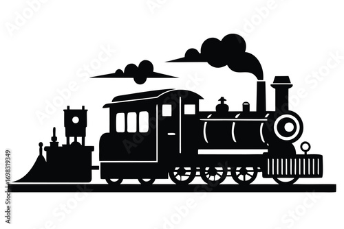 Vintage steam train locomotive silhouette black and white railroad transportation travel journey retro classic engine