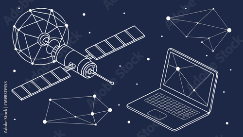 Digital low poly wireframe satellite and laptop illustration, showcasing futuristic design with stars background, evokes sense of innovation