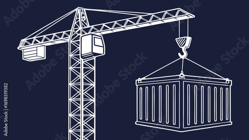 Tower crane lifting cargo container in dark background showcases industrial strength and precision